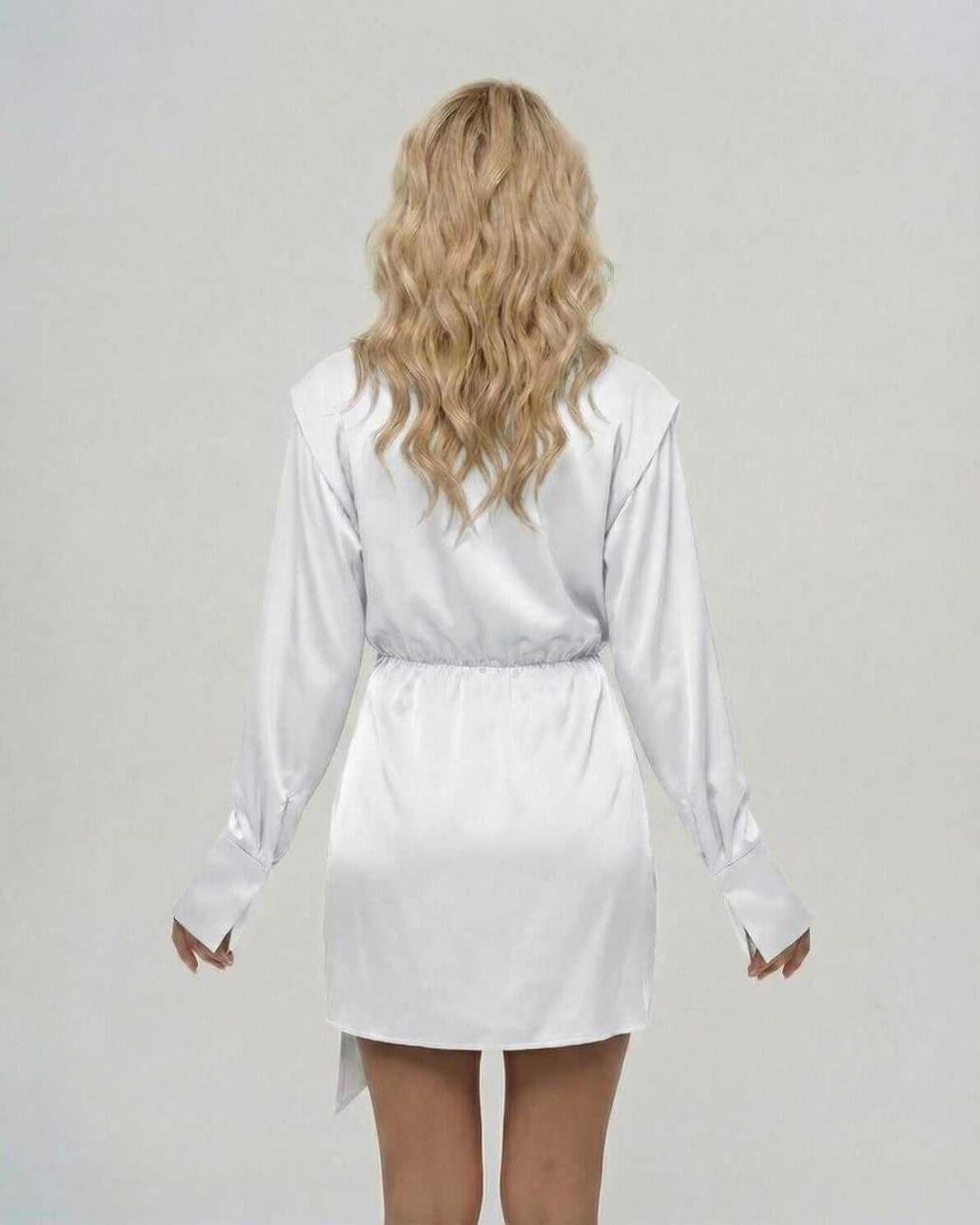 Luna Mini Dress in luxurious satin wrap silhouette by Lauven, showcasing an elegant back view with soft texture.