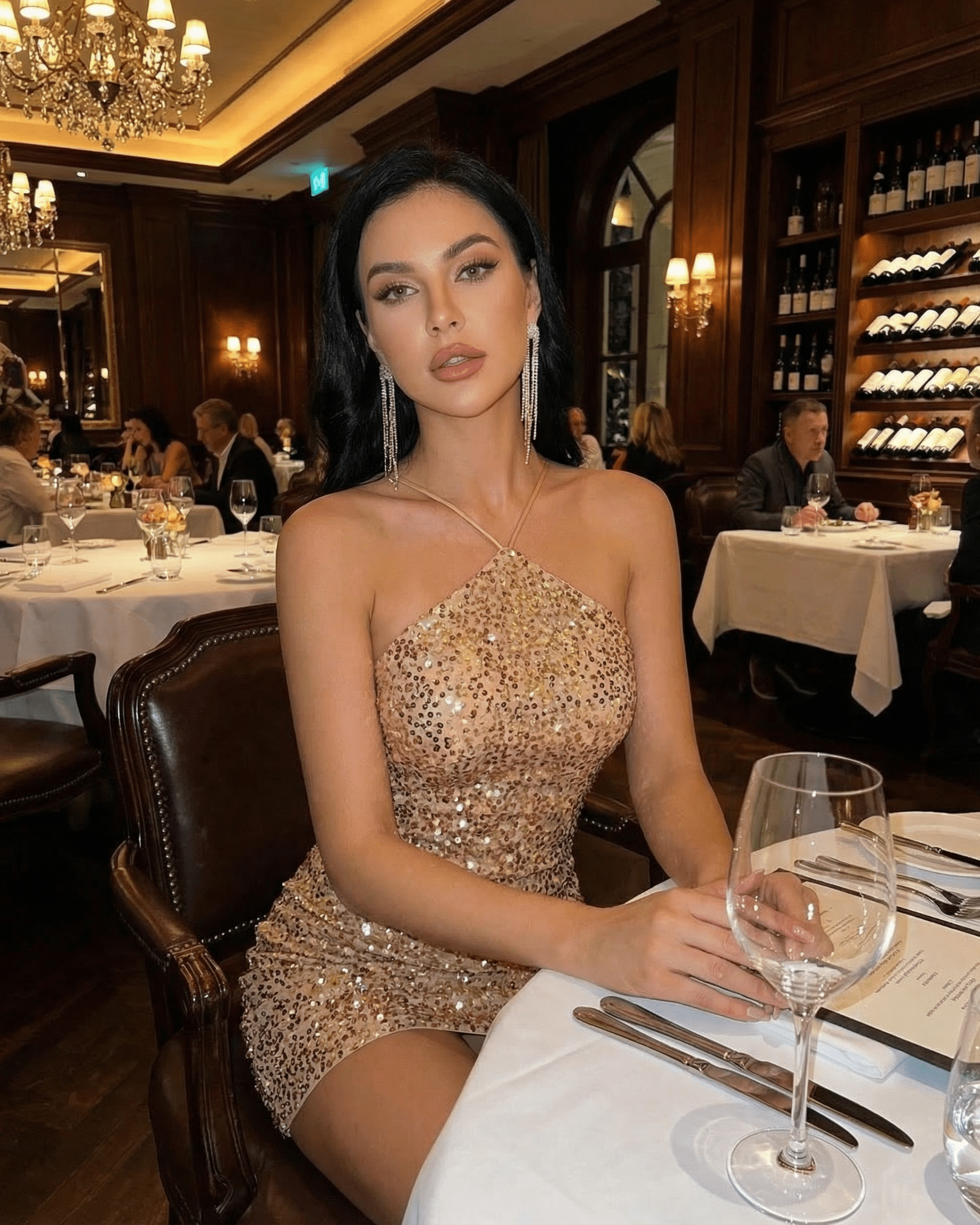 Luna Mini Dress by Lauven worn in a luxurious dining setting, featuring gold sequins and a sleek halter neckline.