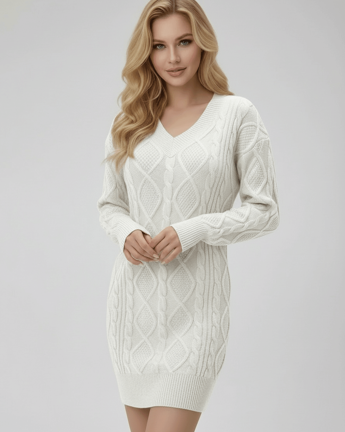 Luna Mini Dress by Lauven, a classic ribbed v-neck sweater dress in ivory with a cable-knit texture.