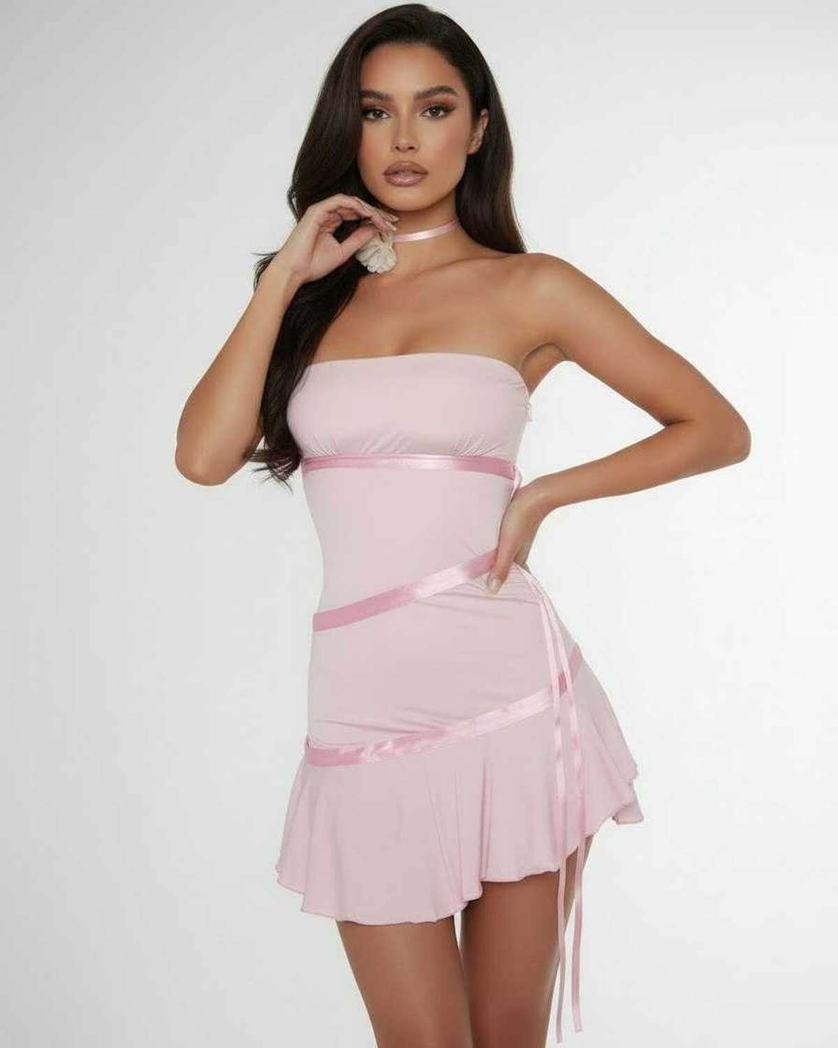 Luna Mini Dress by Lauven, featuring satin ribbon detailing and a sleek body-skimming silhouette in light pink.