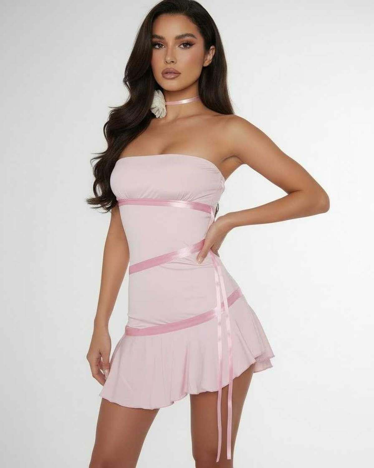 Luna Mini Dress by Lauven featuring satin ribbon detailing and a body-skimming silhouette in light pink.