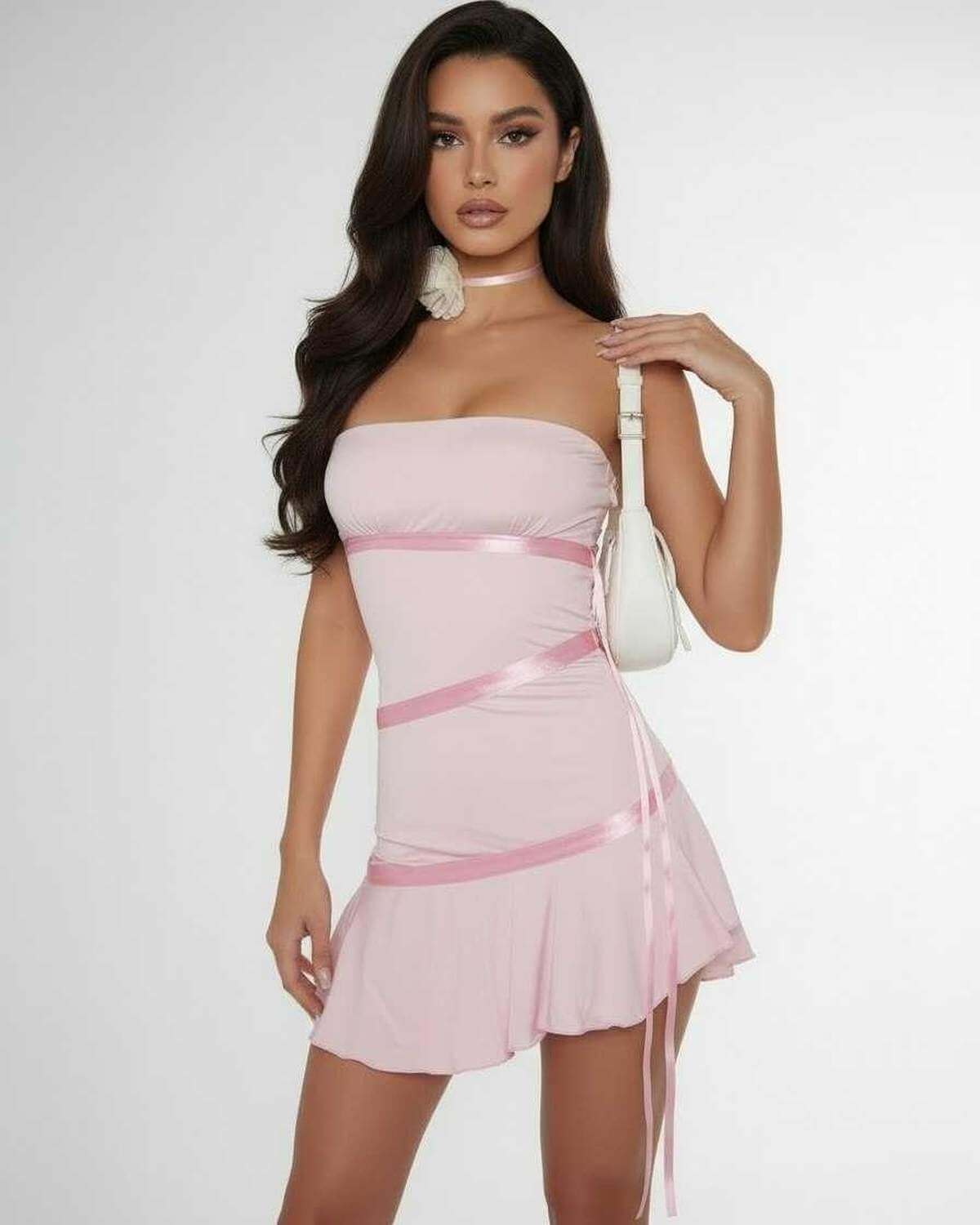 Luna Mini Dress by Lauven featuring satin ribbon detailing in light pink, strapless bandeau style for a chic summer look.