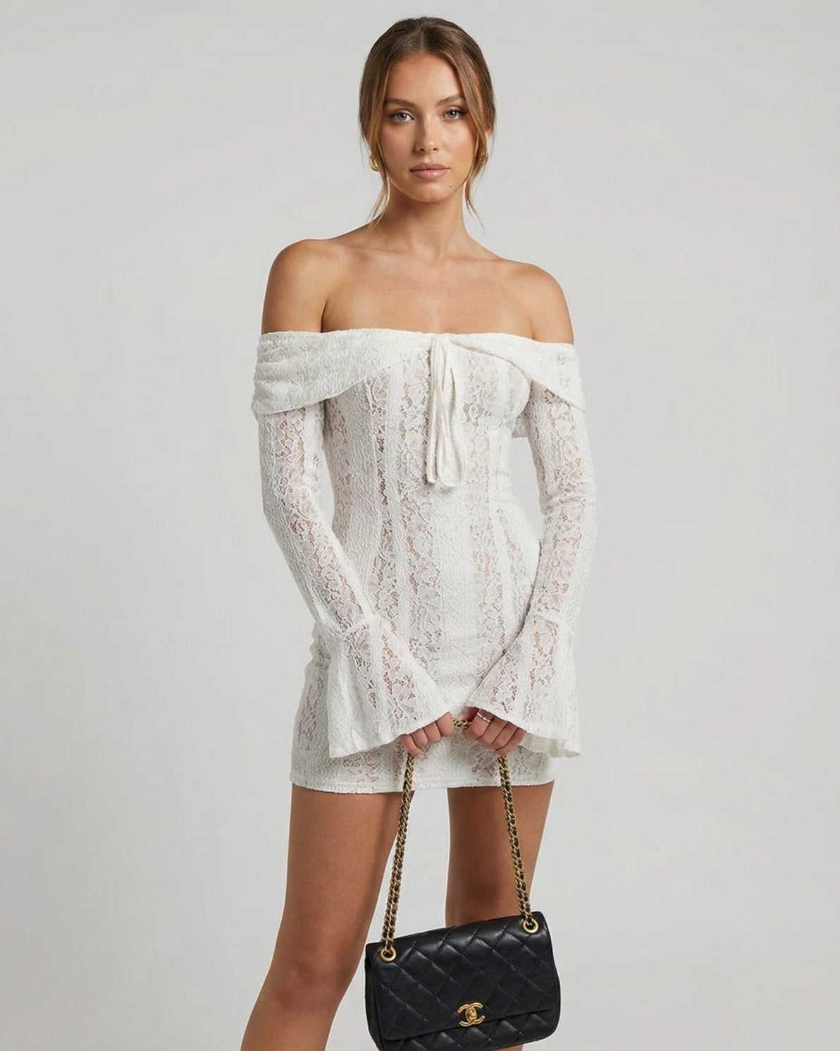 Luna Mini Dress by Lauven - Elegant off-shoulder lace dress in white with flared sleeves.