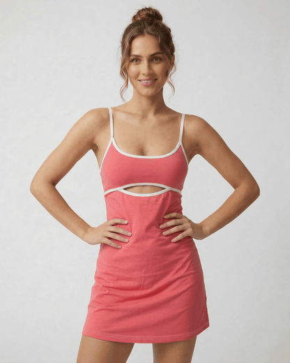 Lauven Luna Mini Dress in vibrant pink with patchwork design and cut-out detail, perfect for summer fashion.