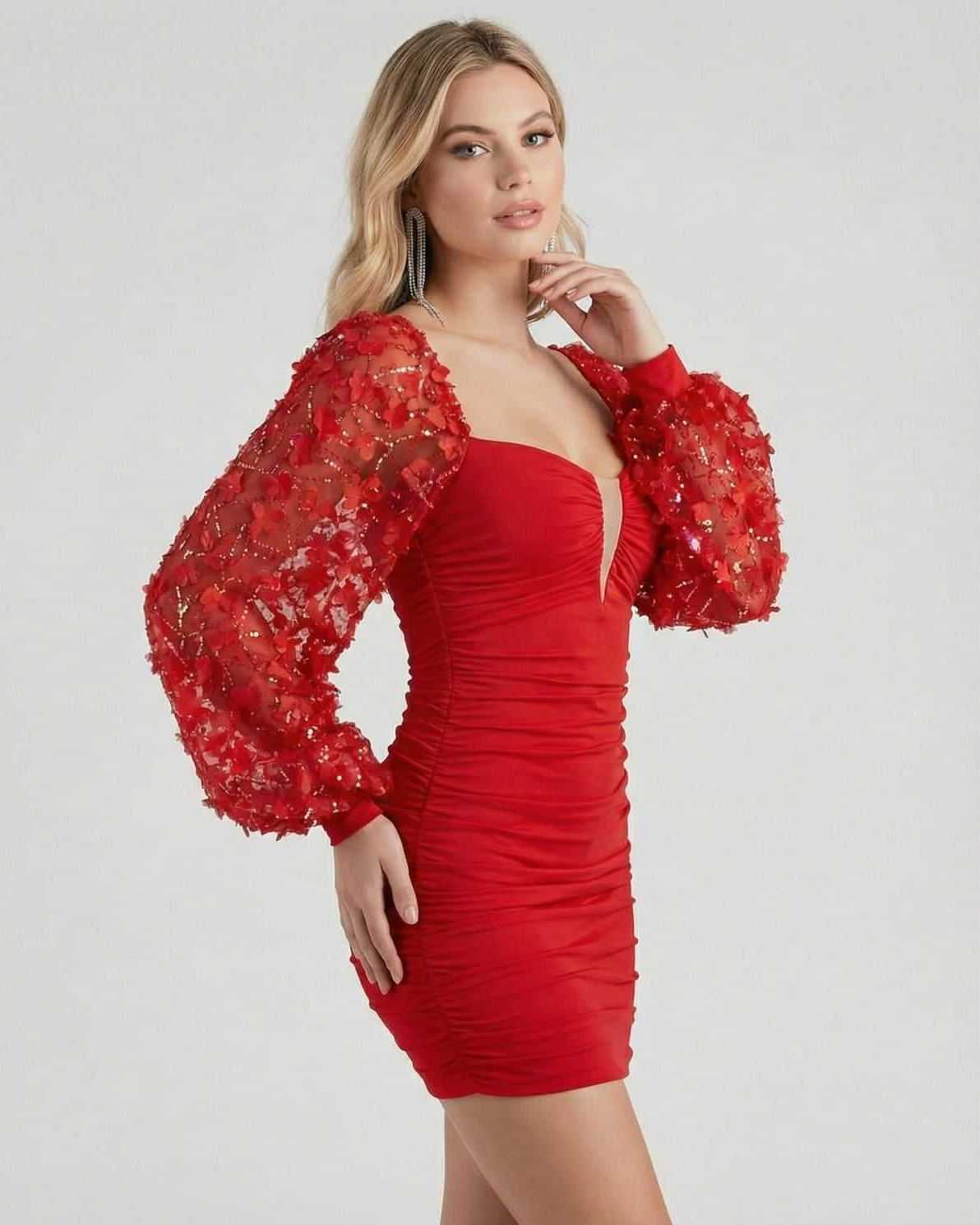 Luna Mini Dress by Lauven, featuring elegant lantern sleeves in striking red with sophisticated ruching.