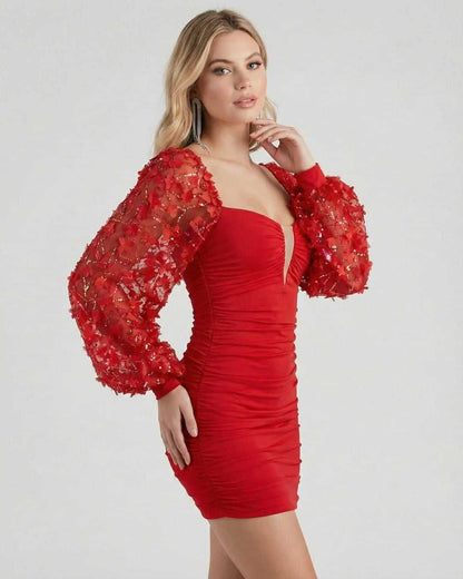 Luna Mini Dress by Lauven, featuring elegant lantern sleeves in striking red with sophisticated ruching.