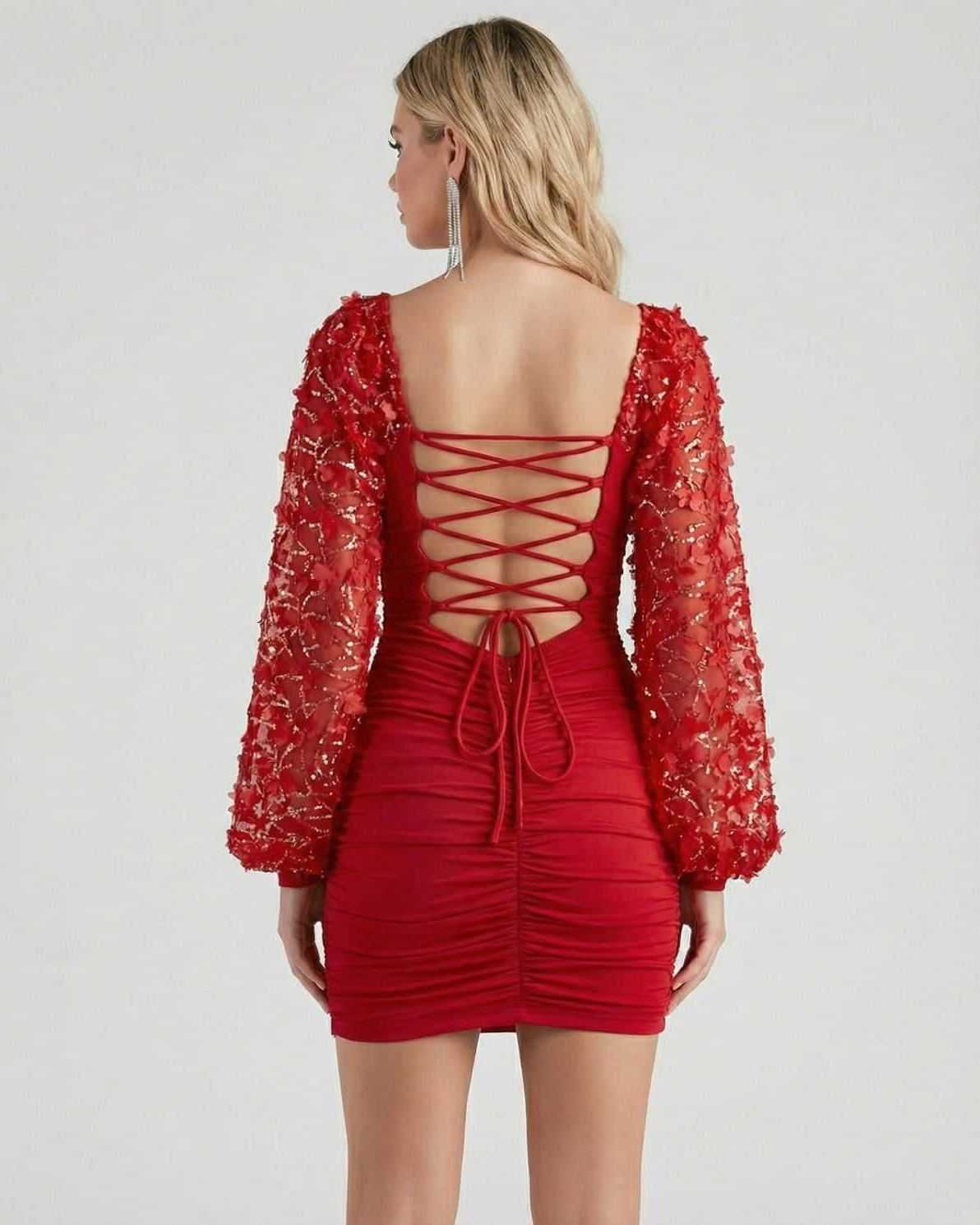 Back view of Luna Mini Dress by Lauven, featuring elegant lantern sleeves and ruching in striking red.
