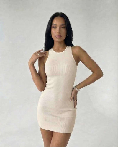 Luna Mini Dress by Lauven - Ribbed Knit Beige Mini Dress with Cross Back Detail