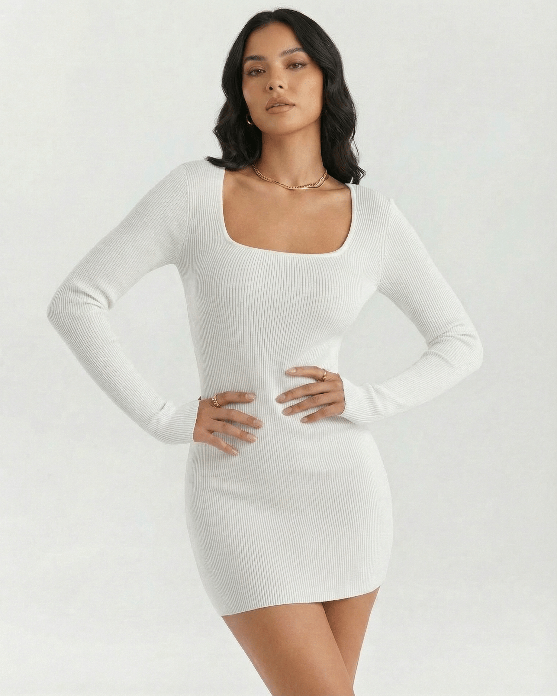 Luna Mini Dress by Lauven, ribbed long sleeve white mini dress with square neckline and slim fit.