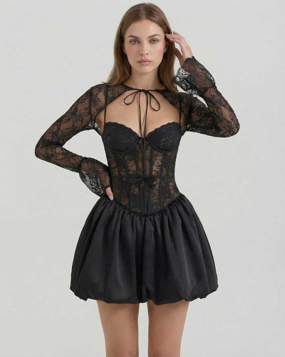 Luna Mini Dress by Lauven featuring a sheer lace bodice and satin bubble skirt in black.