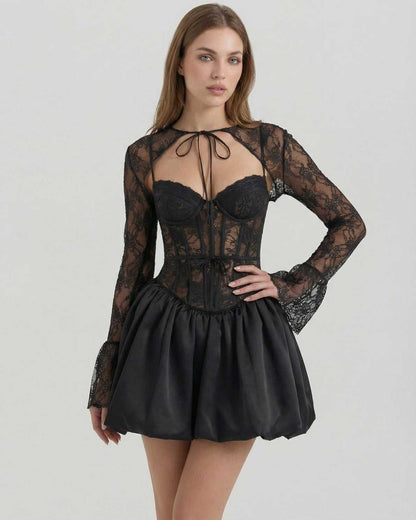 Luna Mini Dress by Lauven featuring a sheer lace bodice and satin bubble skirt, perfect for a sophisticated night out.