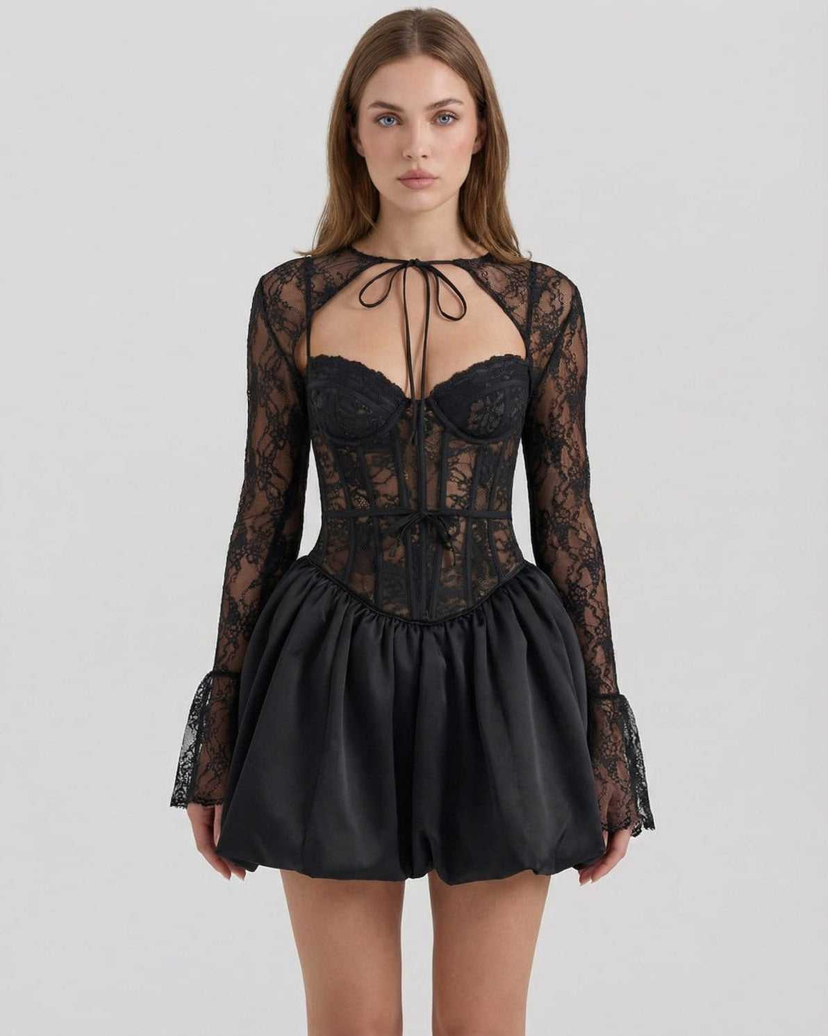 Luna Mini Dress by Lauven featuring sheer lace bodice and satin bubble skirt, perfect for elegant occasions.