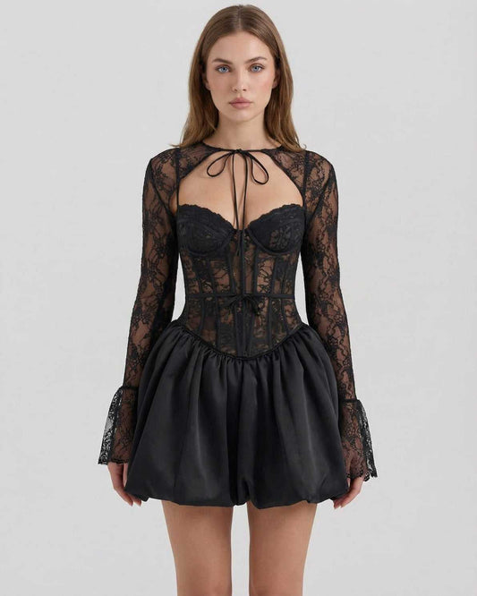 Luna Mini Dress by Lauven featuring sheer lace bodice and satin bubble skirt, perfect for elegant occasions.