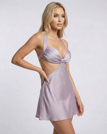 Luna Mini Dress in soft lilac satin featuring halter neck and cut-out detail by Lauven.