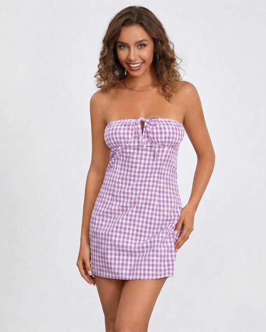 Luna Mini Dress by Lauven - Strapless lavender gingham summer mini dress with elegant silhouette.