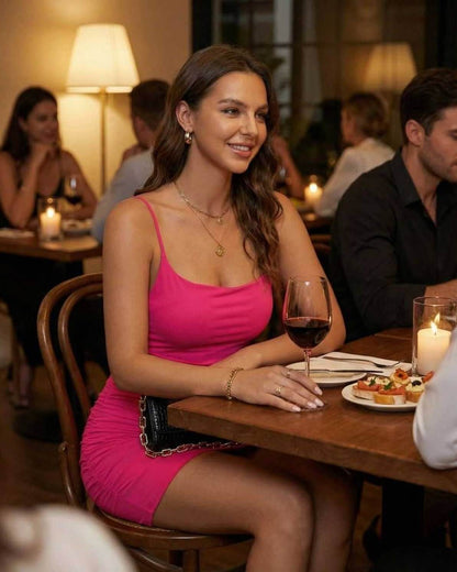 Luna Mini Dress by Lauven, a vibrant pink bodycon dress with subtle ruching, perfect for a chic night out.