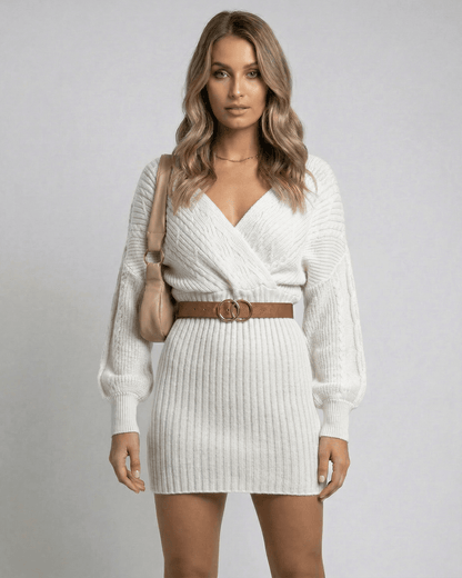Luna Mini Dress by Lauven - Classic white high waist bodycon knit dress with deep V-neckline and long sleeves.