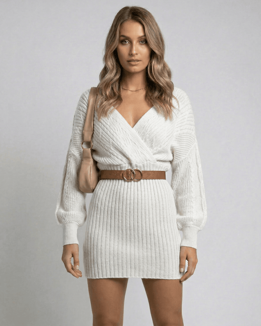 Luna Mini Dress by Lauven - Classic white high waist bodycon knit dress with deep V-neckline and long sleeves.