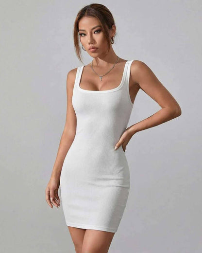 Luna Mini Dress by Lauven in smooth white ribbed cotton blend, featuring a square neckline and fitted silhouette.