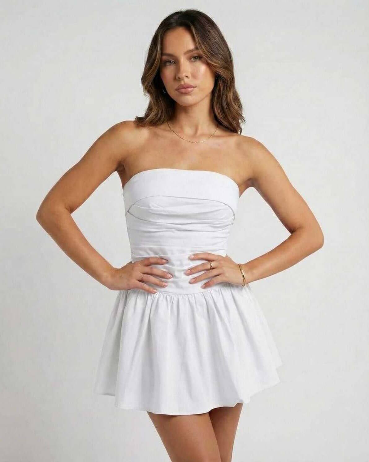 Luna Mini Dress by Lauven - Classic white strapless A-line silhouette perfect for summer occasions.