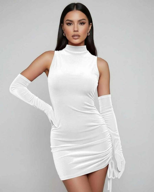 Model wearing Luna Mini Dress in Classic White Velvet by Lauven, featuring a high neckline and ruched side.