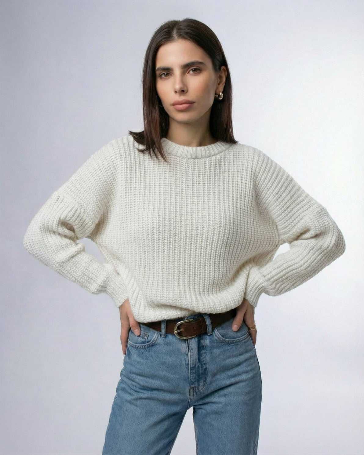 Lauven Luna Sweater in soft ivory with ribbed knit texture and relaxed fit for women.