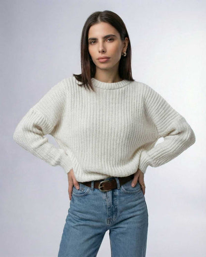 Lauven Luna Sweater in soft ivory with ribbed knit texture and relaxed fit for women.