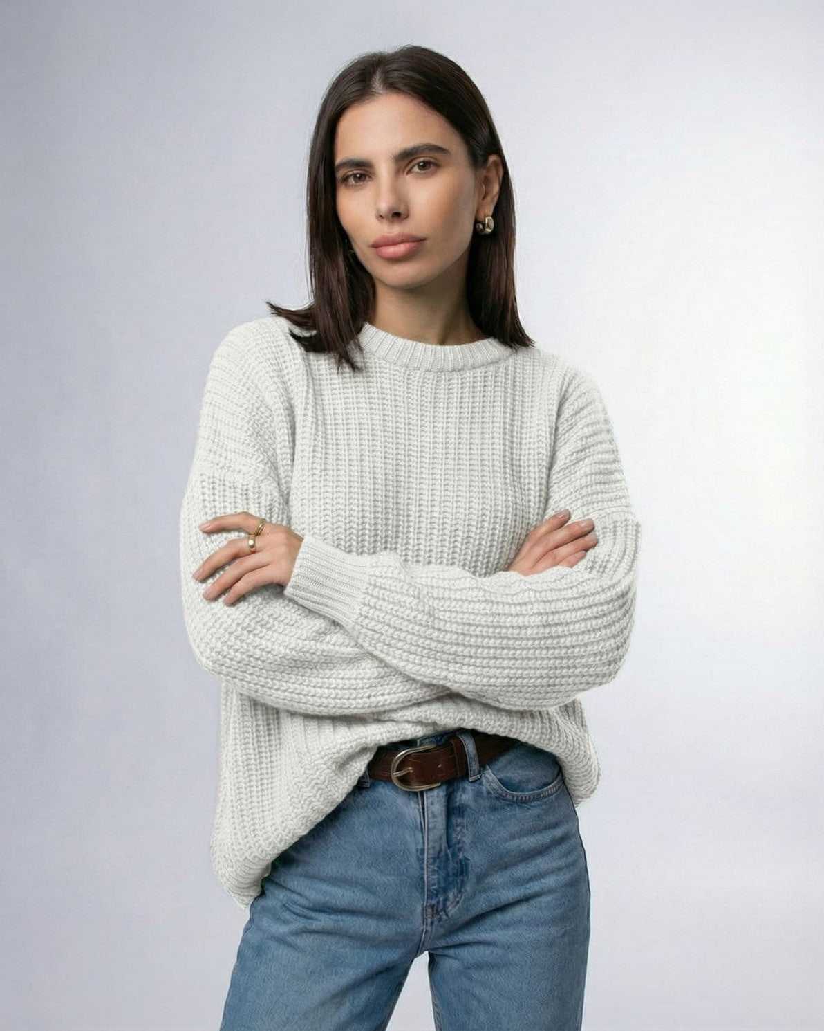 Luna Sweater by Lauven in soft ivory, showcasing a relaxed fit and ribbed knit texture for modern elegance.