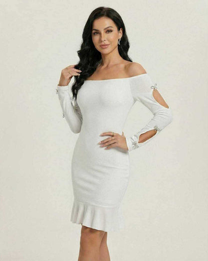 Lauven Lunar Mini Dress in shimmering silver with off-the-shoulder style and bow-accent cutouts.