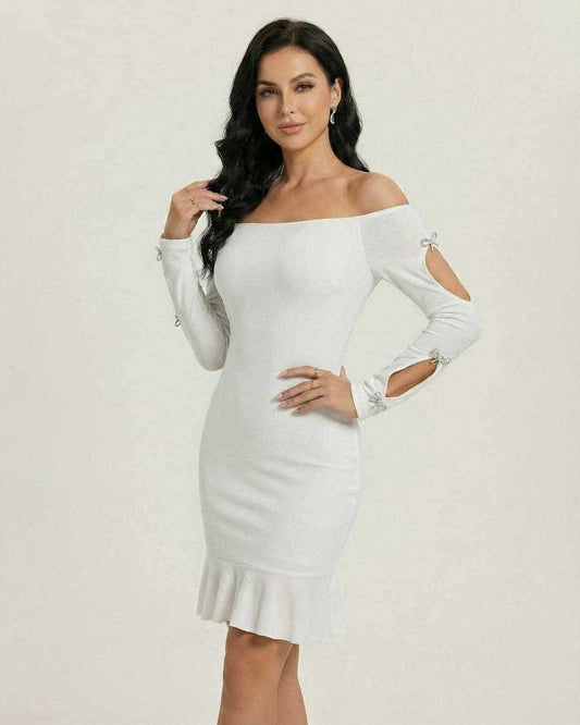 Lauven Lunar Mini Dress in shimmering silver with off-the-shoulder style and bow-accent cutouts.