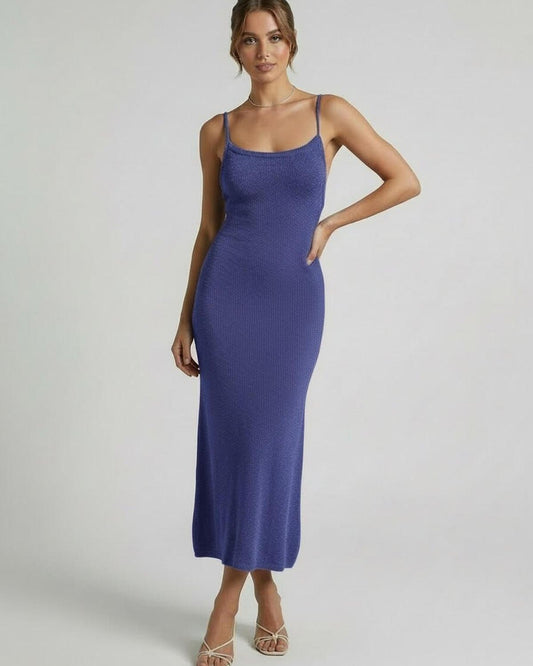 Lunara Midi Dress by Lauven - Navy spaghetti strap midi dress showcasing an elegant slim silhouette.