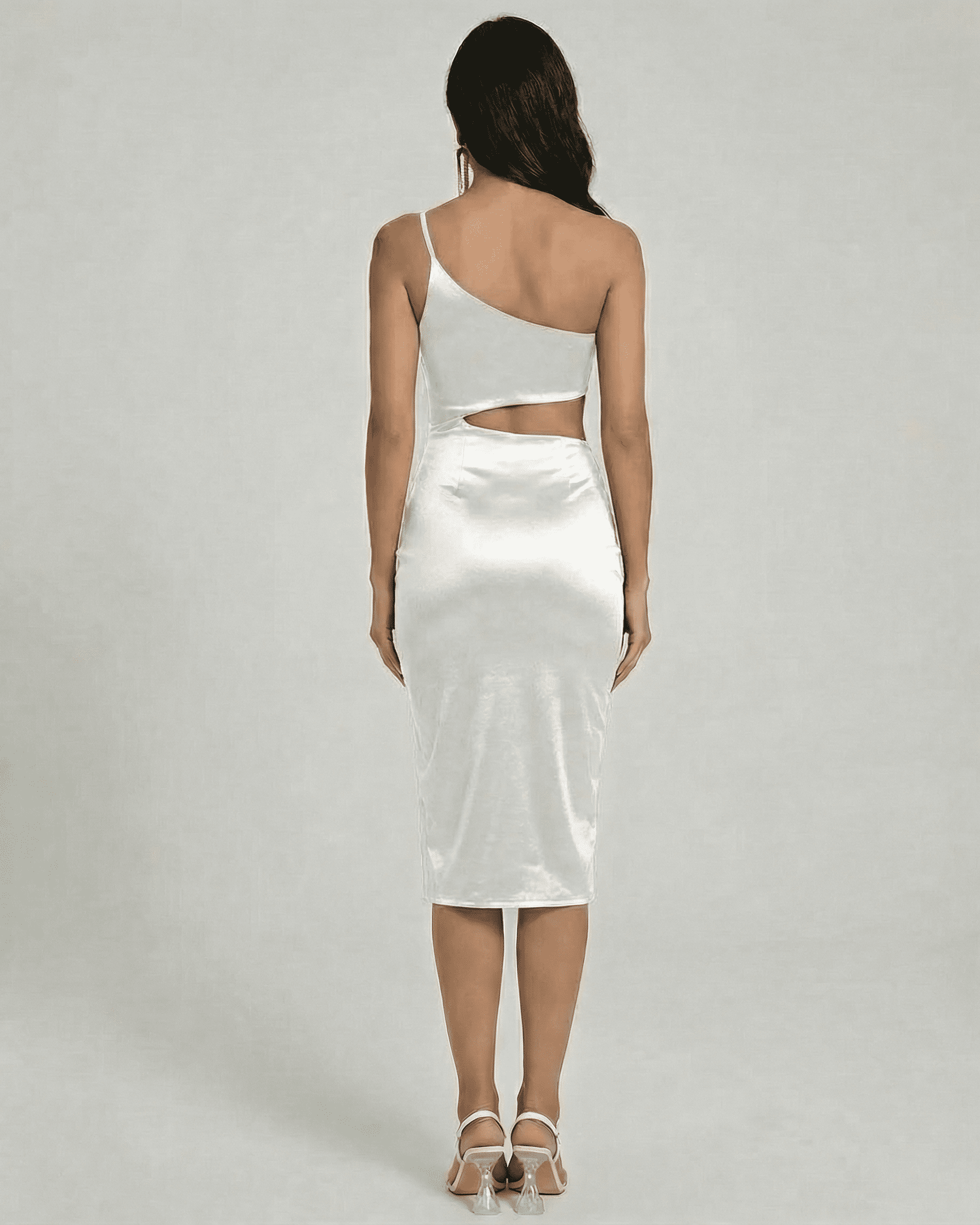 Back view of the Lunara Midi Dress by Lauven, showcasing the one-shoulder satin silhouette and sculpted cutout.