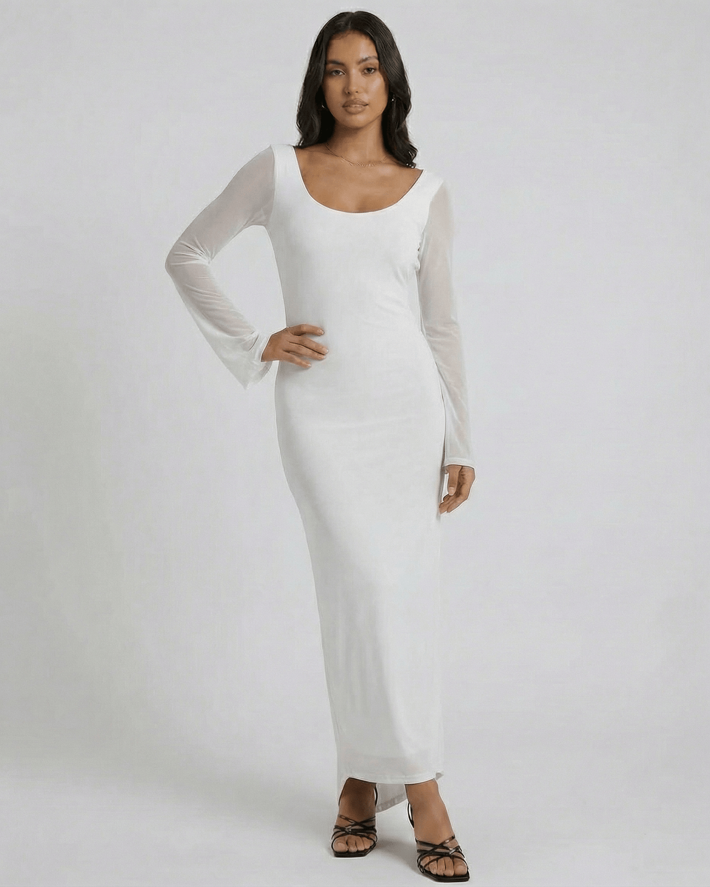 Lunaria Maxi Dress by Lauven - Long sleeve white sheath dress with open back detail and sheer sleeves.
