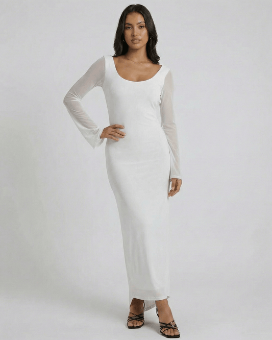Lunaria Maxi Dress by Lauven - Long sleeve white sheath dress with open back detail and sheer sleeves.