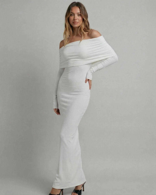 Elegant model wearing the Lunaria Maxi Dress by Lauven, off-shoulder long sleeve, sleek white design.