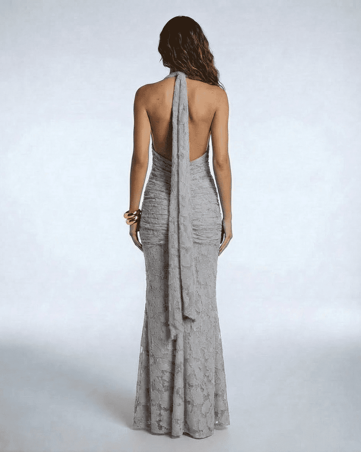 Lunaria Maxi Dress – Back view showcasing elegant backless design with tie ribbon detail in silver grey by Lauven.