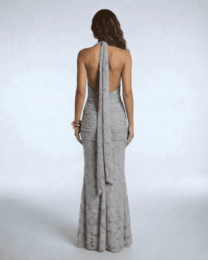 Lunaria Maxi Dress – Back view showcasing elegant backless design with tie ribbon detail in silver grey by Lauven.