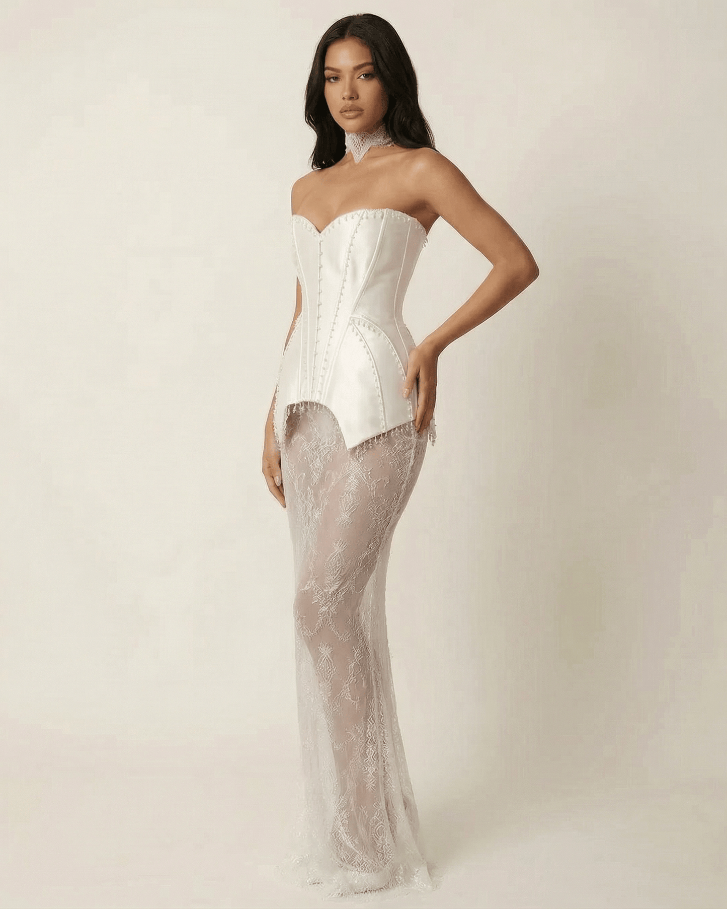 Lunaria Maxi Dress by Lauven featuring a strapless corset bodice and lace patchwork skirt.