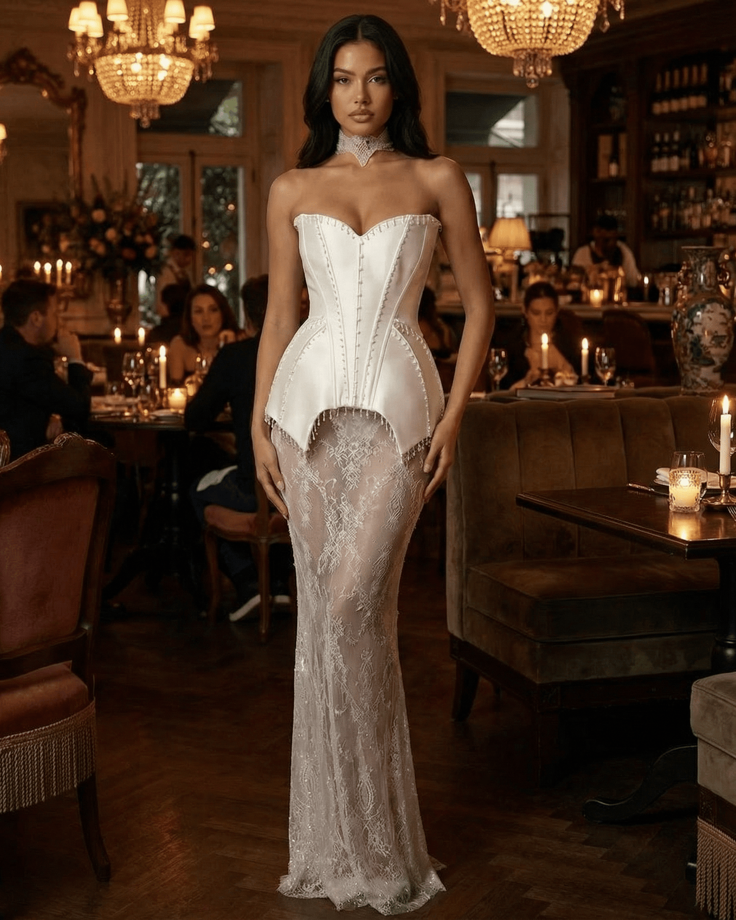 Lunaria Maxi Dress by Lauven, featuring a strapless corset bodice and sheer lace skirt in an elegant restaurant setting.