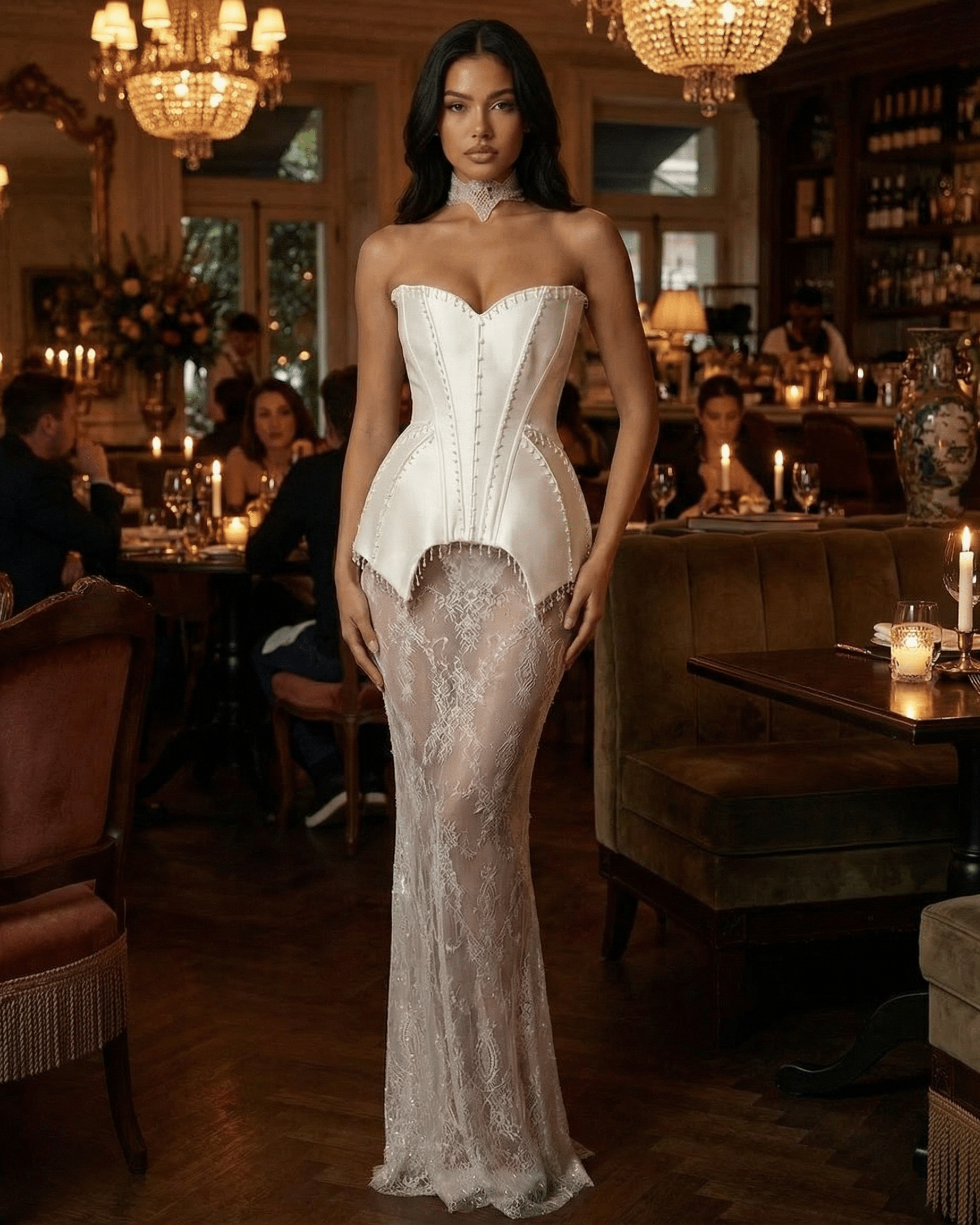Lunaria Maxi Dress by Lauven, featuring a strapless corset bodice and sheer lace skirt in an elegant restaurant setting.