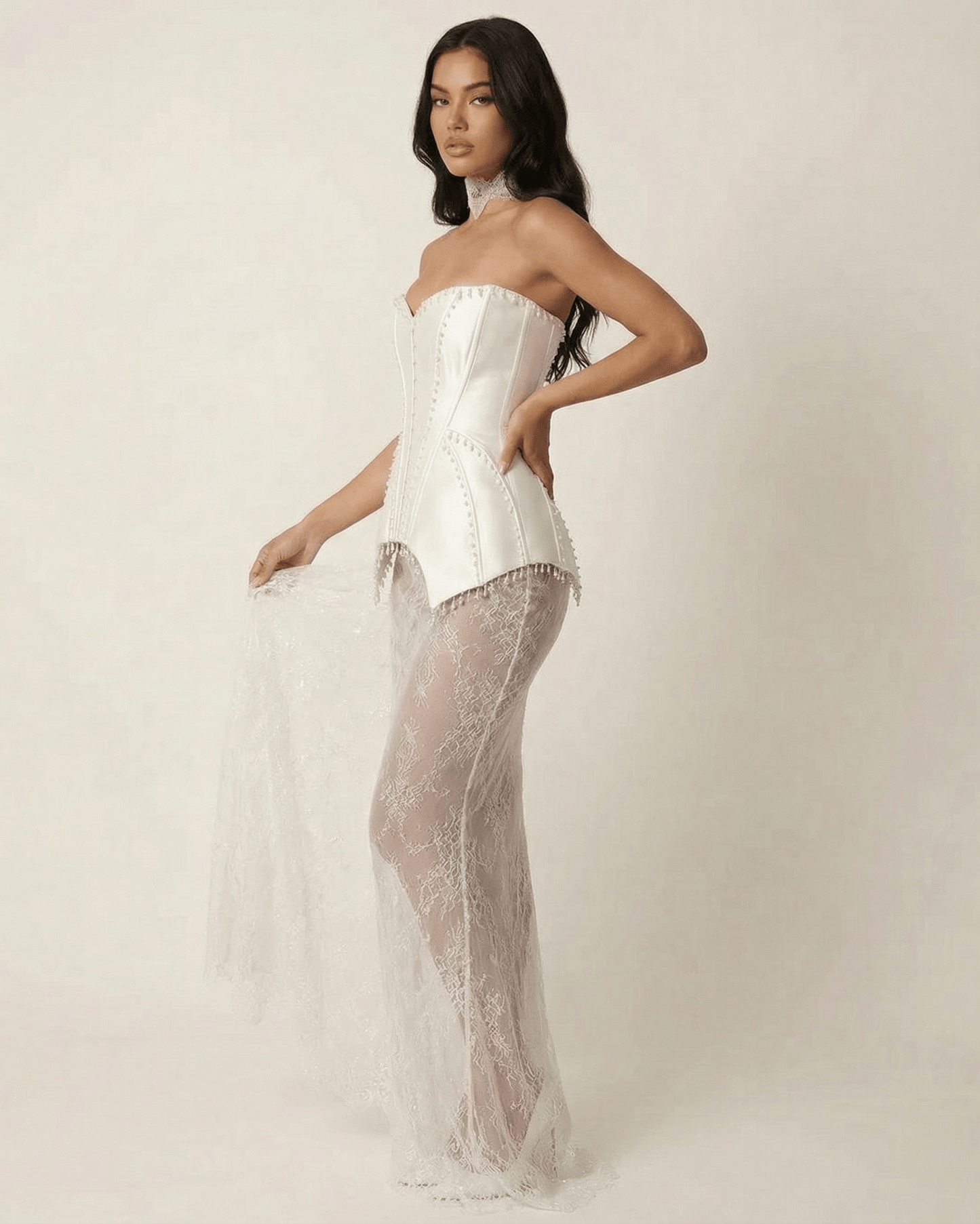 Lunaria Maxi Dress by Lauven featuring a strapless lace patchwork design and sculptural corset-style bodice.