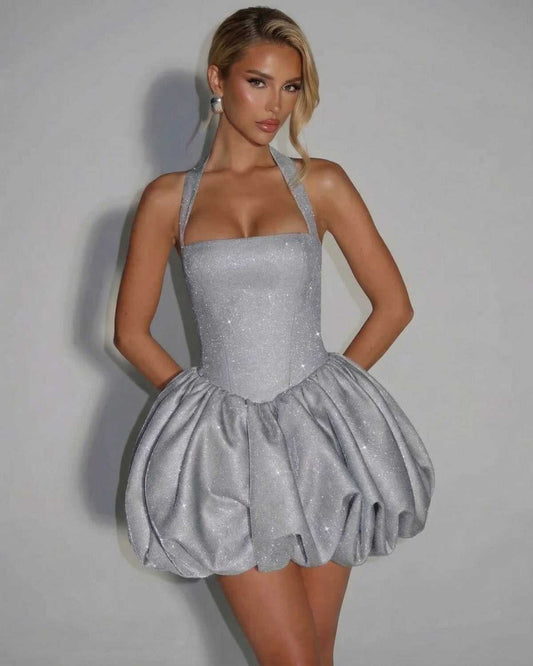 Lunaria Mini Dress by Lauven - Sequin pouf mini dress in silver with a sculpted silhouette and sleeveless design.