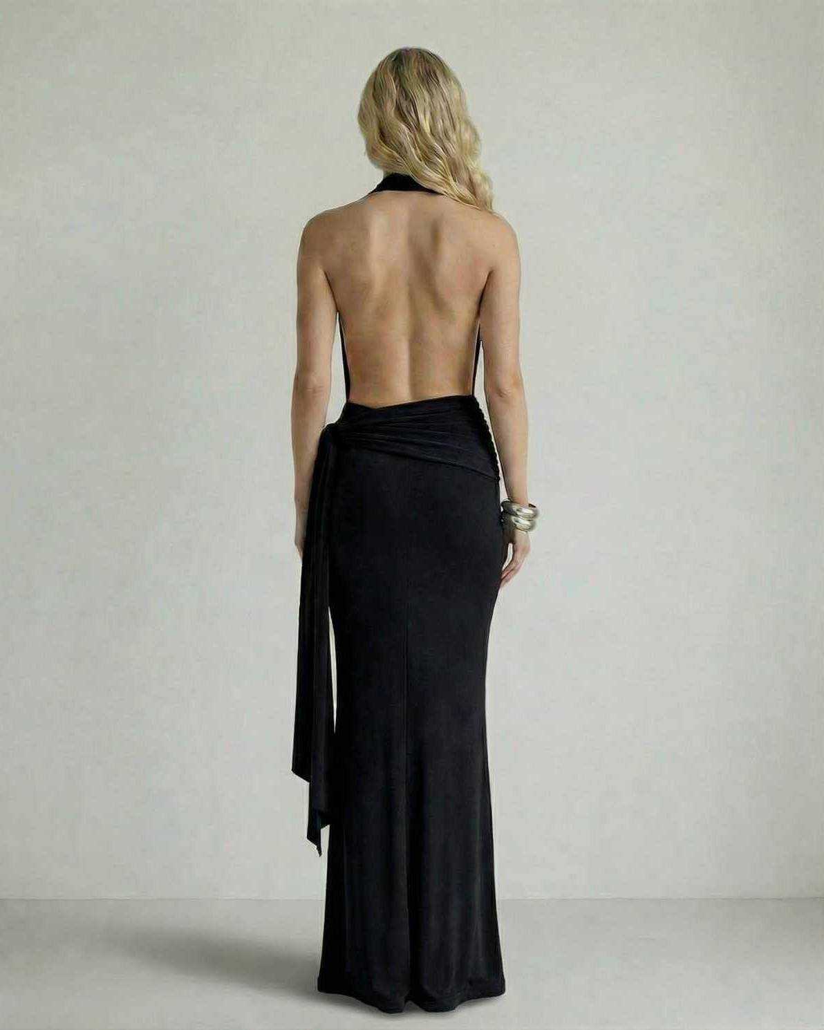Lyra Maxi Dress by Lauven — Elegant black halter neck backless dress with draped silhouette from the back.