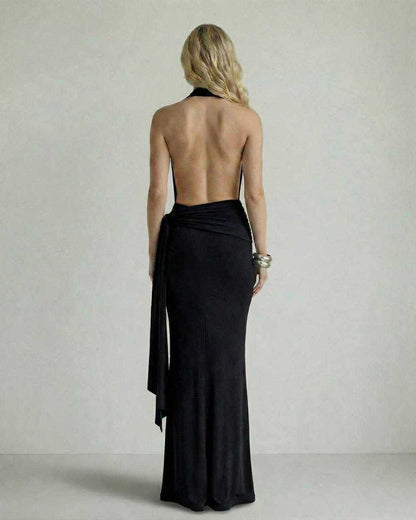 Lyra Maxi Dress by Lauven — Elegant black halter neck backless dress with draped silhouette from the back.