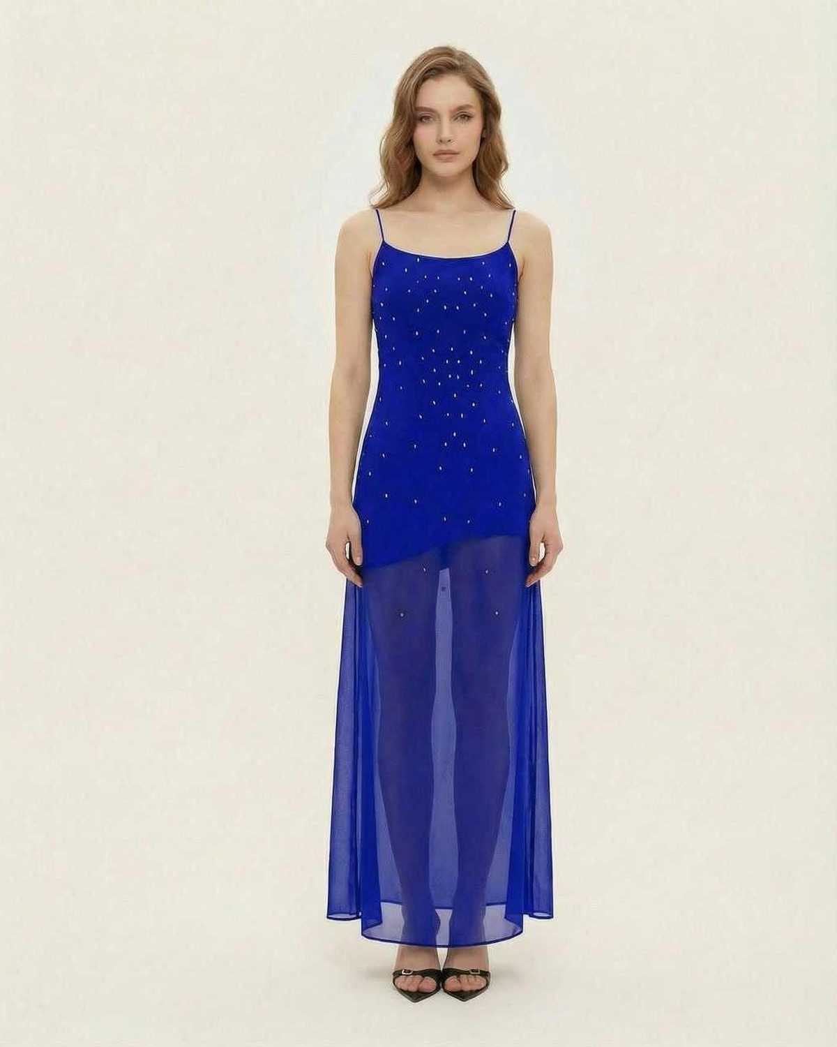 Lyra Maxi Dress by Lauven, blue sheer A-line maxi with glitter detail and a high-waist design.
