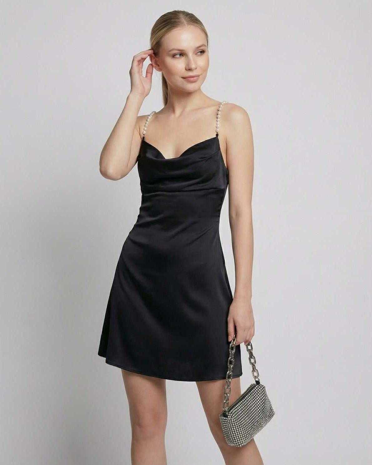 Lyra Mini Dress by Lauven - Satin sheath black mini dress with pearl strap detail and draped neckline.