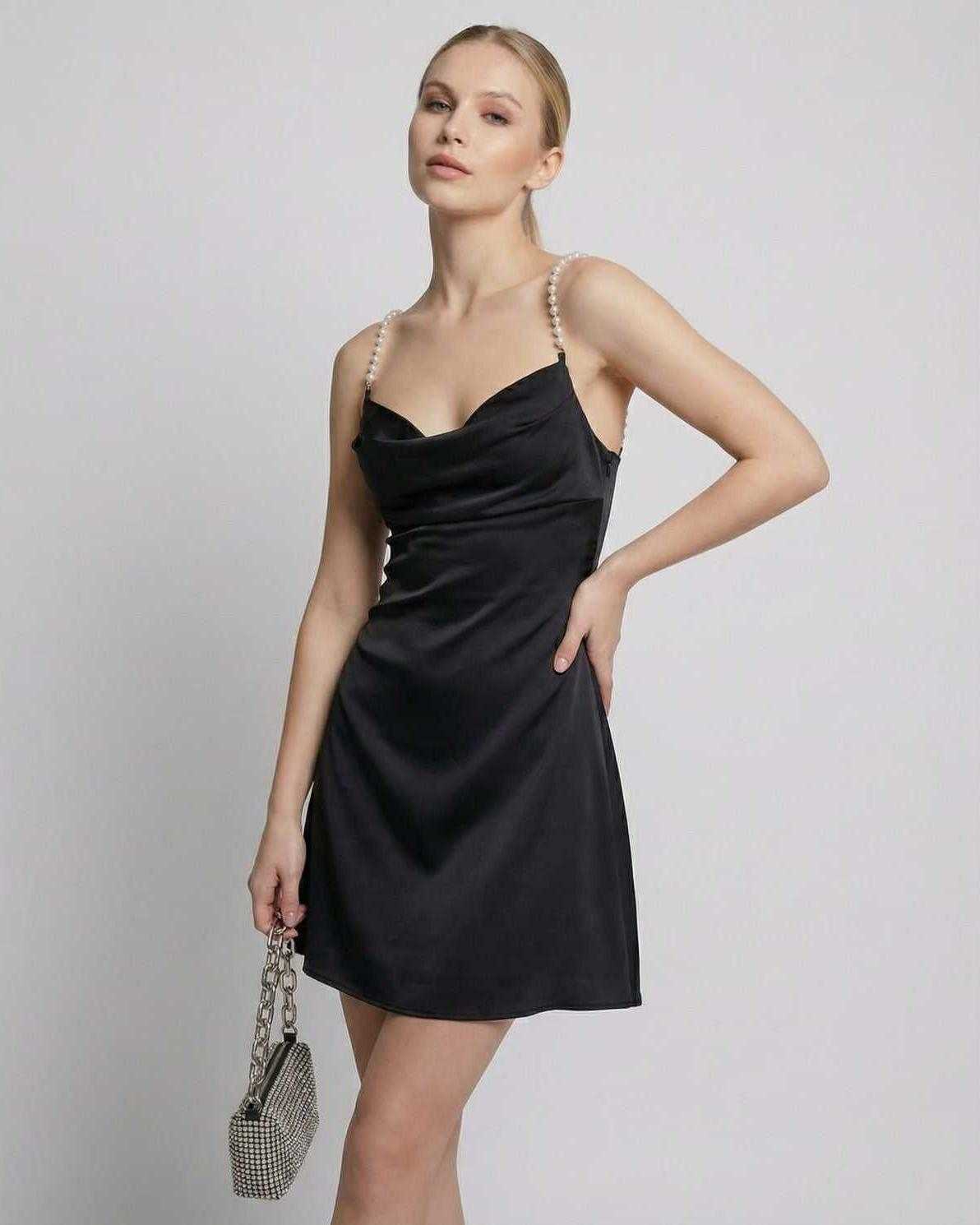 Lyra Mini Dress by Lauven - Satin sheath mini dress with draped neck and pearl strap detail.
