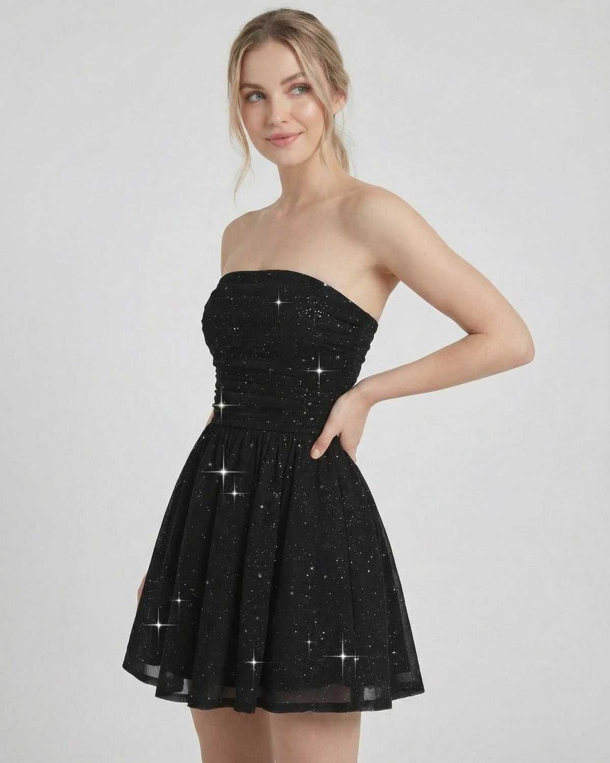 Lyra Mini Dress by Lauven, strapless A-line silhouette in black with bow detail, featuring a shimmer finish for a polished look.