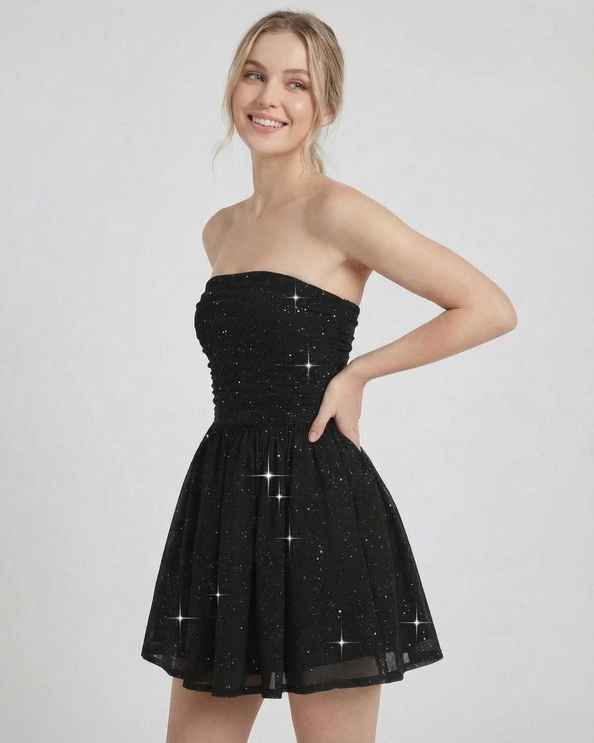 Lyra Mini Dress by Lauven - Strapless A-Line silhouette with shimmering black fabric for a stylish look.