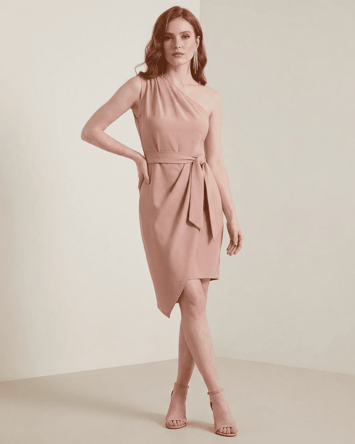 Lauven Lyra Mini Dress - One-Shoulder Satin Bodycon with Asymmetrical Hem in pink worn by a model.